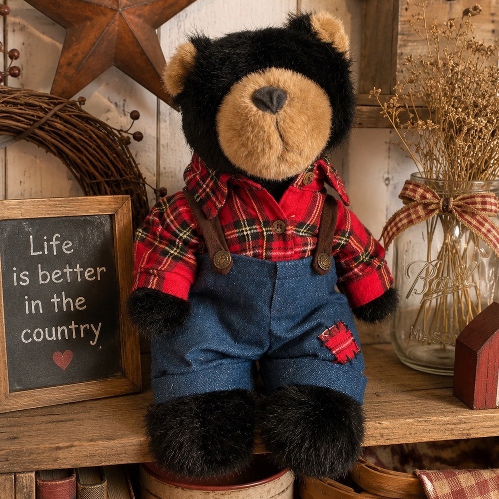 Boyds Bear Country Commemorative Edition 2005 Black Bear Plaid Shirt‎ Overalls
